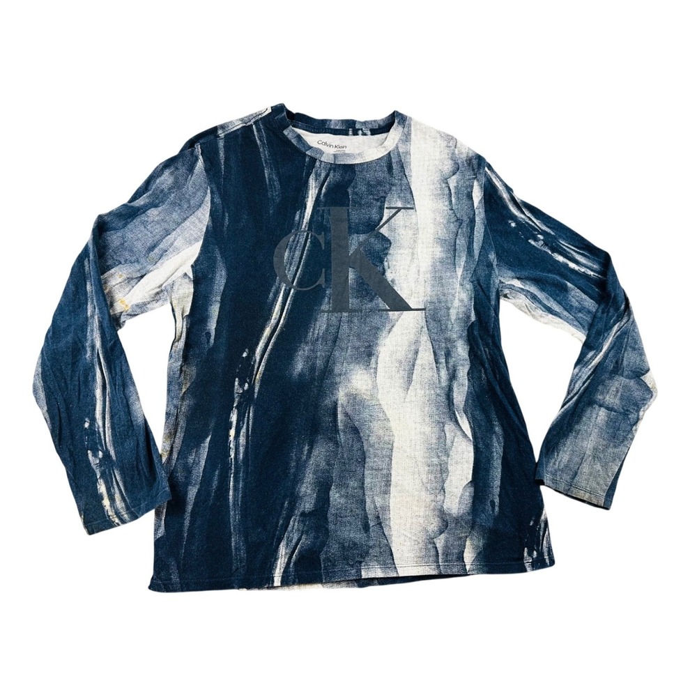 Calvin Klein Long‎ Sleeve T-Shirt Men M Blue White Marble Cotton Knit Streetwear